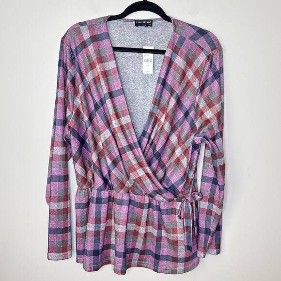 NEW NWT Lane‎ Bryant Classic Faux-Wrap Plaid Top 18/20 Purple Surplice Peplum - Picture 2 of 8